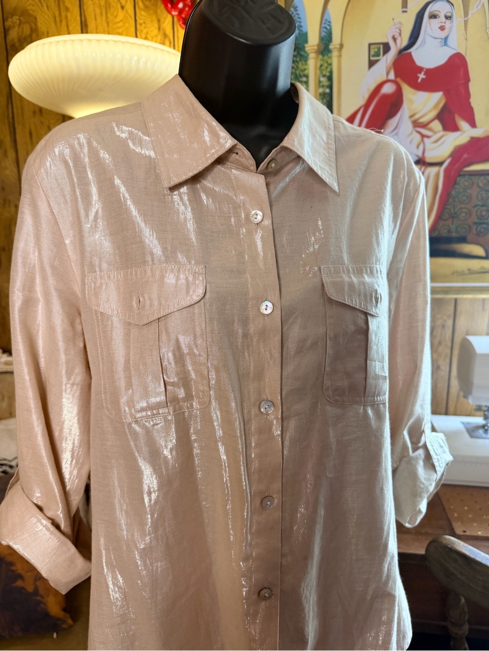 Ruby Rd. Shimmery Champagne Button-Down Blouse - Picture 3 of 11